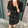 Women Black Office Lady Double Breasted Dress V-neck Three Quarter Puff Sleeve Fashion Spring Autumn 2F0516 210510