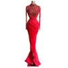 Vestidos de luxo vermelho Vestidos de manga comprida Lace Appliqued Frisado Sereia Prom Vestido de Prom Vergre Trem Custom Formal Party Party