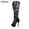 Eilyken Fashion Gladiator Hollow Out Modèle de fleur Femmes Été sur les bottes au genou Sandales Peep Toe Lace-Up Zip Platform Chaussures 210910