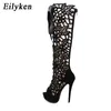 Eilyken mode gladiator ihålig ut blommönster kvinnor sommar över knä stövlar sandaler peep toe lace-up zip plattform skor 210910