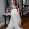 Сексуальные пляжные свадебные платья 2021 кружевной бусины невесты платье с плеча блеск из тюля сплит со стороны A-линии свадебные платья BOHO Long Train Formate