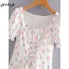 Sweet Floral Print Dress Women Square Neck Short Sleeve Front Lace Up Slim Female Summer A-line Mini Party es 210514