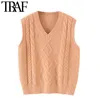 Traf Women Fashion met geribbelde afwerking losse kabel-knit vest trui vintage V nek mouwloze vrouwelijke pullovers chic tops 210415