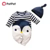Spring Autumn Cotton Casual born Striped Print Long Sleeve Jumpsuit Hat Set for Baby Dark Blue Crawler 210528