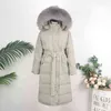 Oftbuy X-Long Winter Jacket Kvinnor Real Natural Fur Collar Hooded 75% Vit Duck Down Belt Coat Warm Fashion Outerwear 211216
