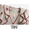 Women Fashion Floral Embroidery Ruffled Knitted Cardigan Sweater Vintage Long Sleeve Female Outerwear Chic Tops 210507