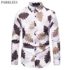 Shiny Leaf Bronzing Herrenhemd Floral Bedruckte Männer Langarmhemden Casual Slim Fit Hemd für Männer Button Up Weißes Hemd Männlich 210524