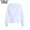 Traf kvinna mode med bundet crossover vita blusar vintage långa pläterade ärm kvinnliga skjortor blusas chic toppar 210415
