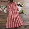 Frauen Chiffon Jacquard Midi Kleid Frühling Herbst Vintage Weibliche Laterne Hülse Mit Gürtel Rüschen Kleider Elegante Party Vestidos 210520