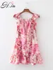 HSA zomer floral jurk sexyoff shouderl strand stijl losse roze vakantie vestidos strikje cascading mini-jurk robe boho 210716