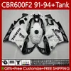 Body + Tank для Honda CBR 600F2 600 F2 CC 600FS 91 92 93 94 CCR 63NO.13 CBR600 FS CBR600F2 CBR600FS 1991 1992 1993 1994 CBR60000-F2 600CC 91-94 Обтекивает комплект Белый глянцевый