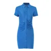 Wannathis мини платья женщин с коротким рукавом кнопка поворотный воротник сексуальная мода повседневные летние платья узкие эластики синий твердый х0521