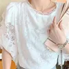 Comelsexy Summer Women Fashion Lace Vit Kvinnor Blus Toppar Kausal O-Neck Kortärmad Blus Super Fairy Splicing Shirt 210515