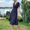 Été Sexy Slim Deep V Col Robe De Soirée Élégant Magnifique Imprimé Floral H-Line Robe Femmes Mode À Manches Courtes Robe Longue Dame 210515