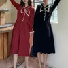 Ezgaga Ilmek Örme Elbise Kadın Sonbahar Kış Kore Ince Bel Taban Düğmesi Zarif Pileli Elbise Tatlı Kız Moda 210430