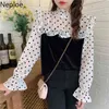 Neploe Donne Camicette Patchwork Polka Sweet Blush Roffles Tops Blouse coreano Stand Neck Flare Sleeve BlusAS Top Femme 4H138 210422
