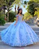 Blush Pink 3D Floral Quinceanera Jurken 2021 Shiny Tulle Lace-up off Shoulder Puffy Princess Sweet 16th Vestidos formalises