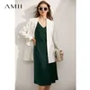 Minimalism Vintage Women's Summer Dress Offical Lady Solid Vneck Slim Fit Aline Calf-length Beach For Women 12130034 210527
