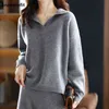 Autumn Winter Thick Warm,Pure Wool Women's Suit,Pullover,Wide-Leg Pants,POLO Collar Loose,Knitted Sweater,Fashion Two-Piece Suit 211126