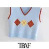 Women Sweet Fashion Argyle Patchwork Cropped Knitted Vest Sweater Vintage Sleeveless Female Waistcoat Chic Tops 210507