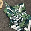 Colysmo Costume da bagno monospalla Donna Cintura a righe Stampa foglia Monokini brasiliano Bikini sexy con taglio alto 210527