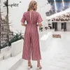 Vintage Gestreepte V-hals Lange Jumpsuit Zomer Sashes Korte Mouw Overall Elegante Wide Leg Office Dames Jumpsuits Romper 210414