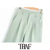 Traf Women Chic Fashion Office Wear Straight Pants Vintage High midjesidfickor Kvinnliga korta byxor Pantalones Mujer 210415