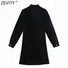 Zevity 2021 Women Stand Collar Diamond Buttons Decoration Casual Slim Black Velvet Dress Female Chic Party A Line Vestido DS5051 Y1204
