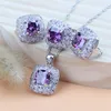 Silver 925 kvinnor smycken sätter lila kubik zirkoniumoxid kostym bröllop brud hängande ringar örhängen armband halsband set