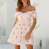 Fleur broderie dentelle robe coton Vintage court Floral Boho été femmes plage rose froncé épaules dénudées 210427