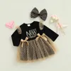 Robes de fille enfant en bas âge bébé fille automne robe à manches longues col rond lettre imprimée tulle patchwork princesse avec bandeau