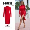 Kış Balıkçı Yaka Elbiseler Sonbahar Seksi Bodycon Uzun Kollu Katı Kırmızı Örme Zarif Midi Kalem Elbise Kadınlar Için Kadın Q190511
