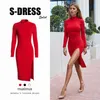 Winter Rollkragen Kleider Herbst Sexy Bodycon Langarm Solide Rot Gestrickte Elegante Midi Bleistift Kleid Für Frauen Weibliche Q190511