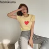 Nomikuma Korean Slim Fit T Shirts Women O Neck Short Sleeve Crop Tops Love Heart Pattern Sweet Tshirt Female Chic Camisetas 210514