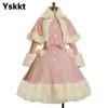 Yskkt Women Lolita Autumn Coat Warm Fur Collar Bowknot Dress Jacket Fashion Sweet Princess Breasted Overcoat Halloween Costume 211105