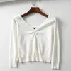 Sexy vintage V-neck folds pink peach heart hollow knit sweaters slim thin 3/4 sleeve short crop tops pullover jumpers for woman 210806