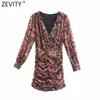 Women Vintage V Neck Floral Print Striped Pleated Mini Dress Female Pleat Puff Sleeve Casual Slim Vestido DS5030 210420