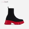 Ladyswell Red Chunky Sole Platform Sock Boots Stretch Fabric Shoe Mid-Calf Thick Heel Biker Booties 211105 Gai Gai Gai Gai