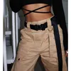 Streetwear Cargo Pants with Buckle Belt Women Casual Joggers Black Khaki Amy Green Ladies High Waist Loose Female Trousers 210608