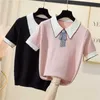 T-shirt en coton pur Femmes Summer Femmes Casual Patchwork Couleur Pull en tricot Bow Slim Pull Pull de grande taille 210604