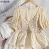 Blouses Women 2 Piece Set Loose Shirts Hollow Out Knitted Crop Tops Korean Chic Suit Two Female 95151 210519
