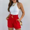 Tracksuits femininas de alta qualidade rodada pescoço slim branco top e bolso design vermelho shorts terno 2021 moda verão sexy duas peças
