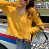 Women Summer Long Sleeve Sunscreen Cardigan Ribbed Knit Ruffles Sweater Crop Top Button Down Solid Color V-Neck Outwear 210918