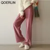 Koreanischen Stil Gerade Hosen Frauen Elastische Taille Casual Winter Verdickte Cord Breite Bein Hosen Pinkk Weibliche Plus Größe 210601