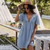 Foridol Polka Dot Szyfonowa Summer Sukienka V Neck Flare Rękaw żółty Krótki Boho Dress Casual Mini Dress 210415