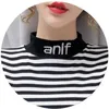 Spring Fall Korean Style T-shirt Fashion Mock Neck Patchwork Svart Vit Stripe Kvinnor Toppar Långärmad Bomull Tees T11008a 210421