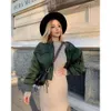 women green full sleeve pockets jackets fashion ladies elastic sleeves zipper keep wearm jacket chic female streetwear 210521