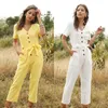 Kvinnors Jumpsuits Rompers Summer 2021 Kortärmad Vit Jumpsuit Kvinnor Hög midja Lace Up Romper Casual Total Femme Wide Benbyxor