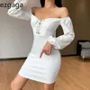 Ezgaga длинные рукавные рукавное платье для вечеринки женщины сплошные V-образные шейки на шнуровке все-матча белые платья с плечами дамы сексуальные bodycon элегантный 210430