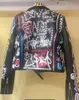 Rivet Beading PU Läderjacka Kvinnor Graffiti Färgglada tryckare Jackor och rockar Punk Streetwear Jacket 220217